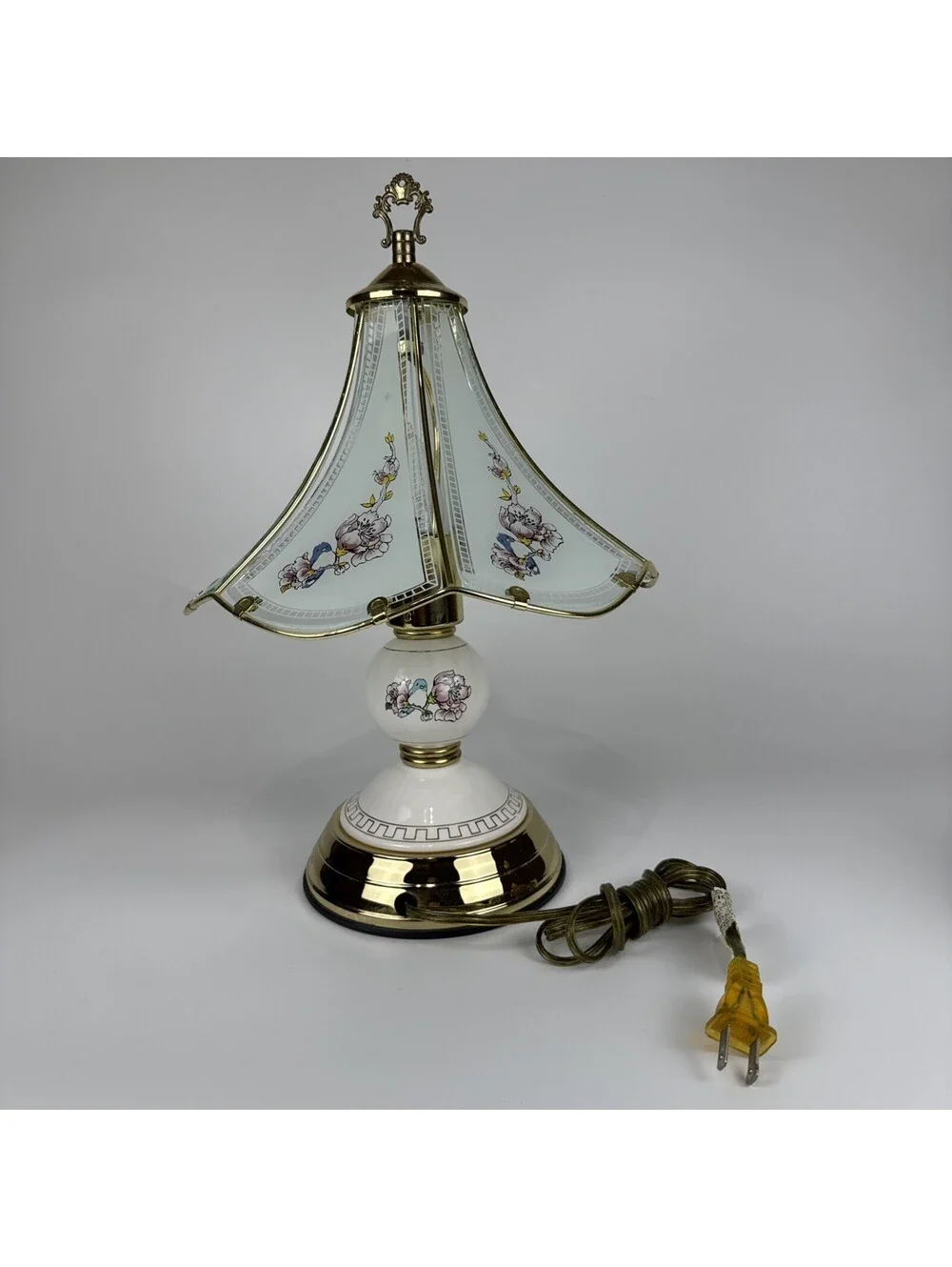 Vintage 3 Way Touch Lamp 6 Panel Glass Blue Bird Floral Brass Table Light 16x10